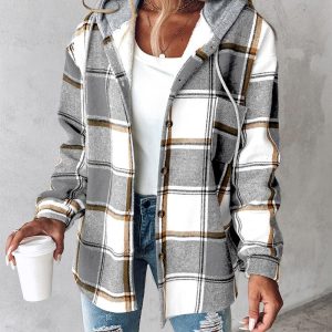Plaid Print Buttoned Hooded Shacket, Jackets & Coats, chicme - Women's Fashion Online