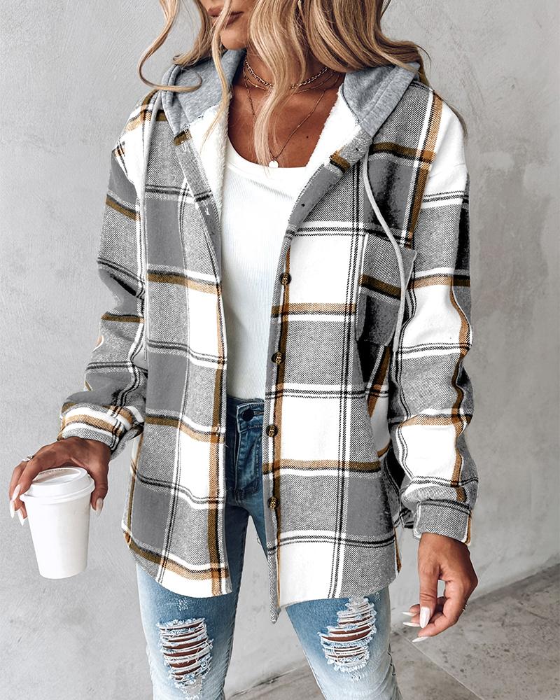 Plaid Pattern Long Sleeve Shacket Button Down Fleece Lined Hooded Jackets Warm Coat, women Jackets & Coats, ChicMe catalog - Image 2
