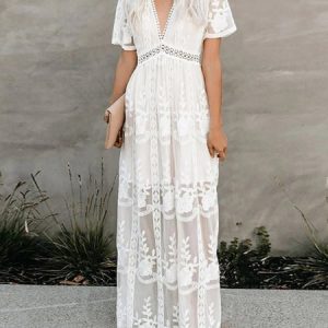 Women Plain V Neck Short Sleeve Comfy Casual Maxi Dress, Dresses, color:White|size:XXL, Noracora