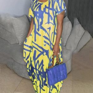 Abstract Casual Loose Crew Neck Dress, Maxi Dresses, color:Yellow|size:XS, Stylewe