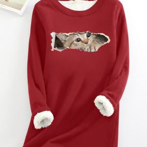 Women Funny Cat Simple Warmth Fleece Sweatshirt, Hoodies&Sweatshirts, Lilicloth.com