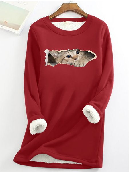 Women Funny Cat Simple Warmth Fleece Sweatshirt, Hoodies&Sweatshirts, Lilicloth.com
