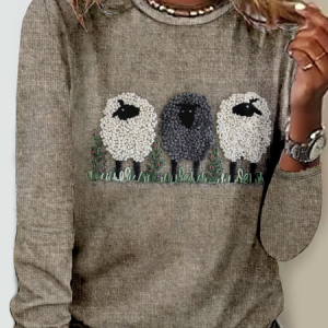 Women's Cute Sheep Pattern Print Crew Neck Animal Casual Long Sleeve Shirt, Blouses, Lilicloth.com