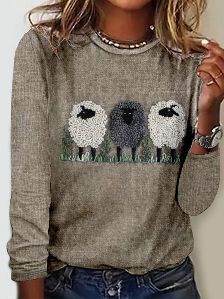 Women's Cute Sheep Pattern Print Crew Neck Animal Casual Long Sleeve Shirt, Blouses, Lilicloth.com