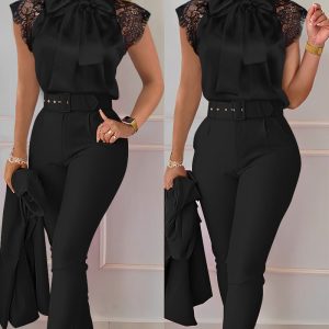 Contrast Lace Tie Neck Top & High Waist Pants Set, Two-piece Sets, chicme - Women's Fashion Online