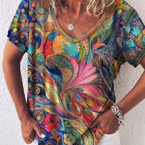 Women's V Neck Abstract Print Cotton Blend Short Sleeve Casual T-shirt, T-shirts, color:As Picture|size:XXL, Noracora