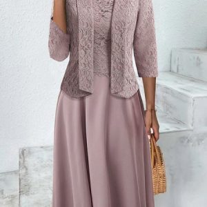 Women Plain Shawl Collar Three Quarter Sleeve Comfy Casual Lace Coat With Skirt Two-Piece Set, Sets, color:Pink|size:XXL, Noracora