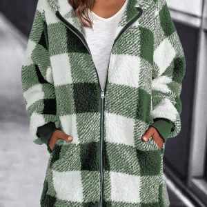 Casual Hoodie Plaid Fleece Loose Teddy Jacket, Coats, color:Aqua|size:5XL, Noracora