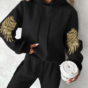 Sequin Wings Pattern Hooded Sweatshirt & Sweatpants Set, Two-piece Sets, chicme - Women's Fashion Online