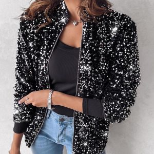 Stand Collar Allover Sequin Jacket, Jackets & Coats, chicme - Women's Fashion Online