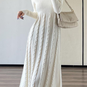 Regular Fit Elegant Plain Stand Collar Long Sleeve Sweater Maxi Dress, Maxi Dresses, color:White|size:XXL, Stylewe