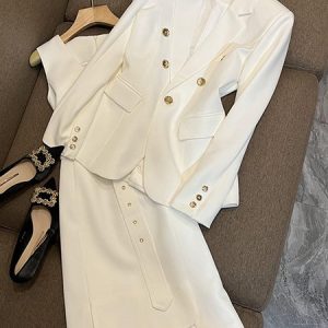 Women Plain Shawl Collar Long Sleeve Comfy Casual Coat With Skirt Two-Piece Set, Sets, color:White|size:XL, Noracora