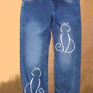Funny Cat Denim Printed Jeans, Jeans, Lilicloth.com