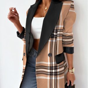 Plaid Print Colorblock Double Breasted Blazer Coat, blazer, chicme - Women's Fashion Online