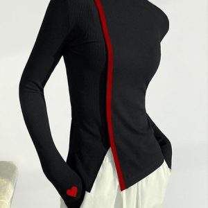 Stand Collar Color Block Heart Urban  Long Sleeve T-Shirt, Tees, color:Black|size:XXL, Stylewe