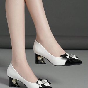 Elegant Flower Color-block Spool Heel Pumps With Rhinestone Embellishments, Flats, color:Black-white|size:41, Stylewe
