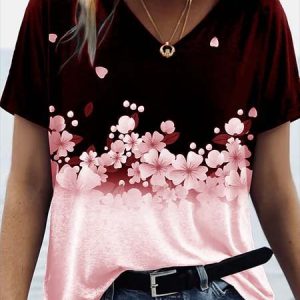 Casual Short Sleeve Floral-Print Tops, T-shirts, color:Red|size:3XL, Noracora