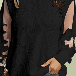 Women Lace Plain Long Sleeve Comfy Casual Sweater, Sweaters, color:Black|size:XXL, Noracora