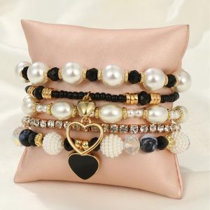 5pcs Heart Pattern Beaded Pearls Rhinestone Decor Bracelets Set, Bracelet, chicme - Women's Fashion Online