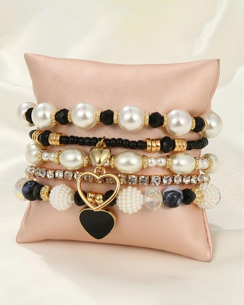 5pcs Heart Pattern Beaded Pearls Rhinestone Decor Bracelets Set, Bracelet, chicme - Women's Fashion Online