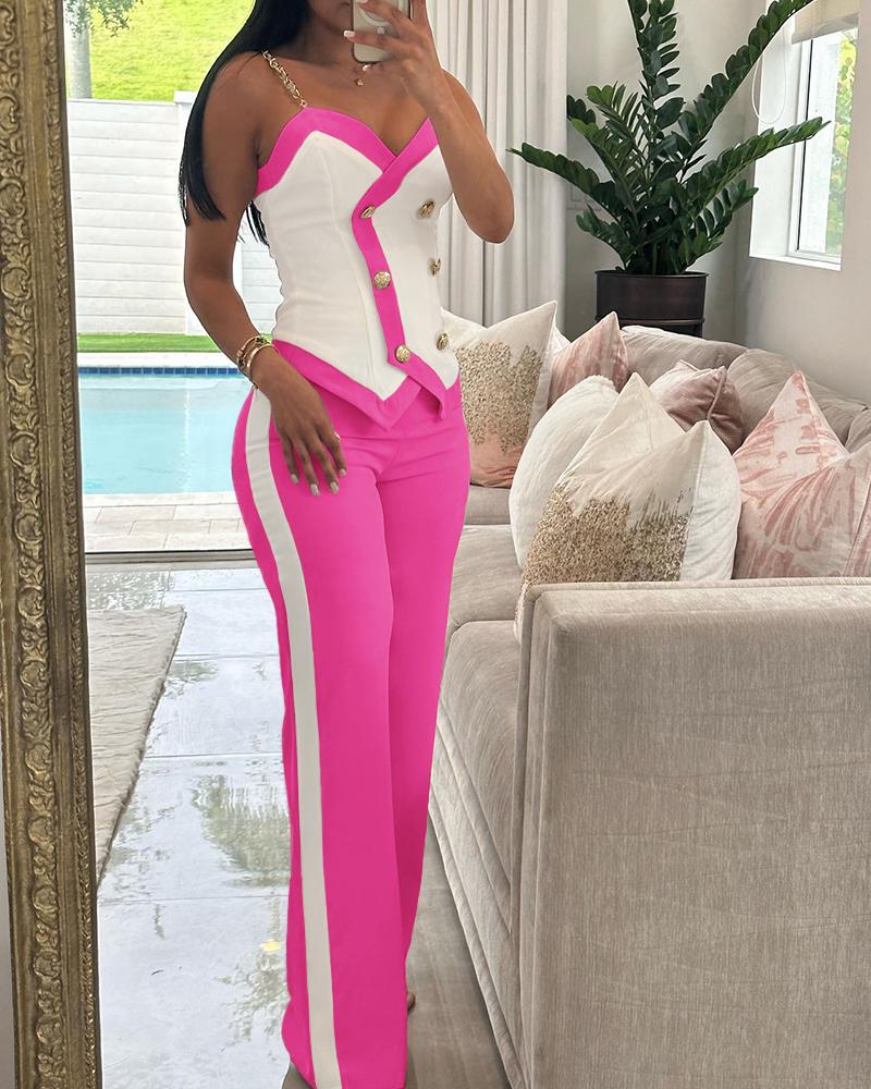 Double Breasted Chain Strap Cami Top & Straight Leg Pants Set, Two-piece Sets, chicme - Women's Fashion Online
