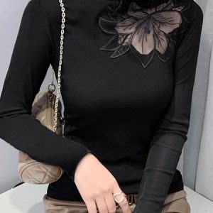 Half Turtleneck Elegant Long Sleeve T-Shirt, Tees, color:Black|size:XXL, Stylewe