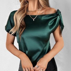 Bowknot Decor Short Sleeve Satin Top, Blouses & Shirts, chicme - Women's Fashion Online