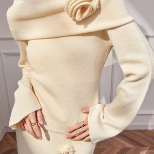 Cold Shoulder Elegant Plain Long Sleeve Sweater, Pullovers, color:Cream|size:XXL, Stylewe