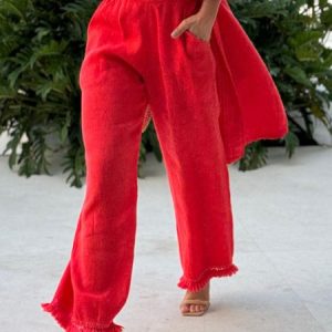 Plain Casual Fashion Tassel Straight  Pants, Pants, color:Red|size:XXL, Stylewe