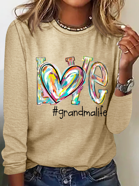 Women's Love Grandma Life Cotton-Blend Casual Crew Neck Long Sleeve Shirt, Long sleeves, Lilicloth.com