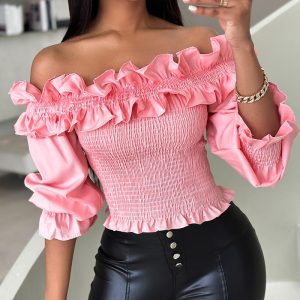 Frill Hem Shirred Off Shoulder Top, Blouses & Shirts, chicme - Women's Fashion Online
