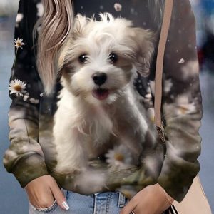 dog print casual sweatshirt, Long sleeves, Lilicloth.com