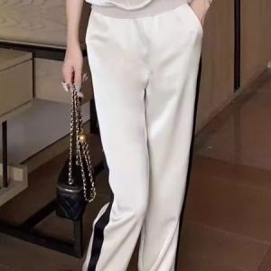 Color Block Satin Casual Regular Fit Fashion Pants, Pants, color:White|size:XXL, Stylewe
