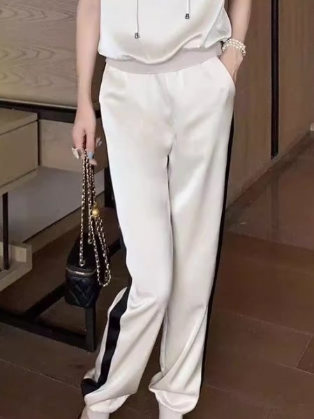 Color Block Satin Casual Regular Fit Fashion Pants, Pants, color:White|size:XXL, Stylewe