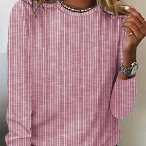Striped Loose Casual Crew Neck T-Shirt, T-shirts, color:Pink|size:XXL, Noracora