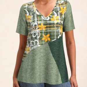 Casual Floral V Neck Short Sleeve T-shirt, T-shirts, color:Green|size:XXL, Noracora