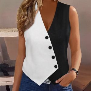 Colorblock Buttoned V-Neck Vest Top, women Tanks & Crop Tops, ChicMe catalog