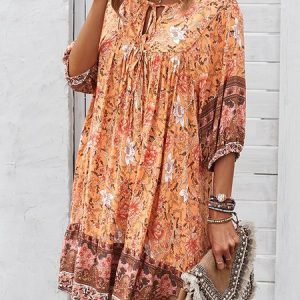 Women Floral Notched Short Sleeve Comfy Casual Midi Dress, Dresses, color:Orange|size:XL, Noracora
