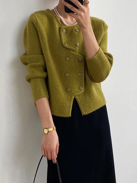 Plain Regular Fit Crew Neck Urban Cardigan, Cardigans, color:Green|size:XXL, Stylewe
