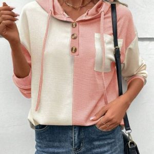 Loose Color Block Buckle Casual Hoodie Sweatshirt, Hoodies & Sweatshirts, color:Pink|size:XXL, Noracora