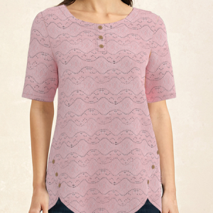 Women Casual Cotton Plain Hollow Design Crew Neck Short Sleeve T-shirt, T-shirts, color:Pink|size:XXL, Noracora