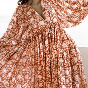 Women Floral V Neck Half Sleeve Comfy Boho Midi Dress, Dresses, color:Orange|size:XL, Noracora