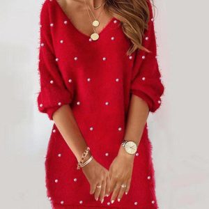 Pearls Decor V-Neck Half Sleeve Fuzzy Casual Dress, Casual Dresses, chicme - Women's Fashion Online