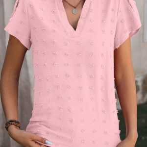 Shirt Collar Short Sleeve Plain Regular Loose Shirt For Women, Blouses, color:Light Pink|size:XXL, Noracora