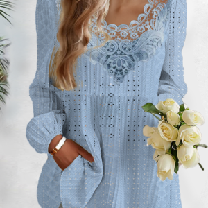 Lace Collar Long Sleeve Plain Lace Regular Micro-Elasticity Loose Blouse For Women, Blouses, color:Blue|size:XXL, Noracora