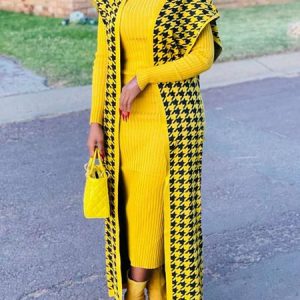 Plus Size Urban Houndstooth Loose Sweater Cardigan, Plus Outerwear, color:Yellow|size:4X, Stylewe
