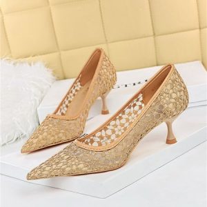 Elegant Hollow Out Floral Lace Wine Glass Heel Pumps, Heels, color:Khaki|size:43, Stylewe