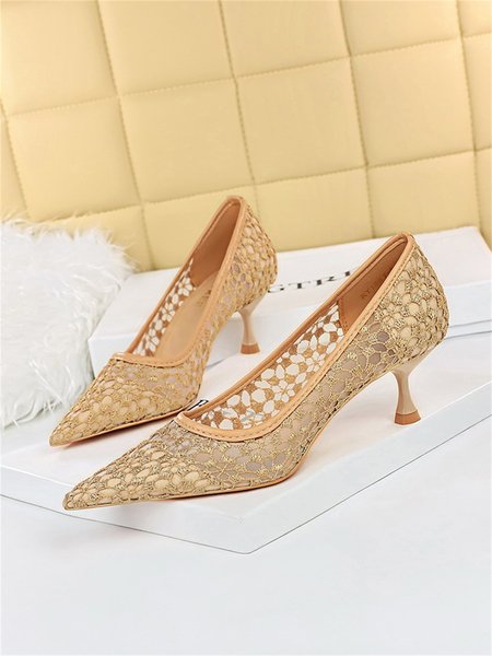 Elegant Hollow Out Floral Lace Wine Glass Heel Pumps, Heels, color:Khaki|size:43, Stylewe