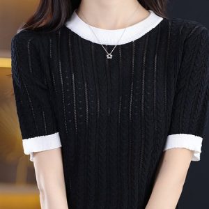 Crew Neck Short Sleeve Plain Regular Micro-Elasticity Loose Shirt For Women, Blouses, color:Black|size:XXL, Noracora