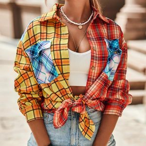 Colorblock Plaid Print Button Down Shirt, Blouses & Shirts, chicme - Women's Fashion Online